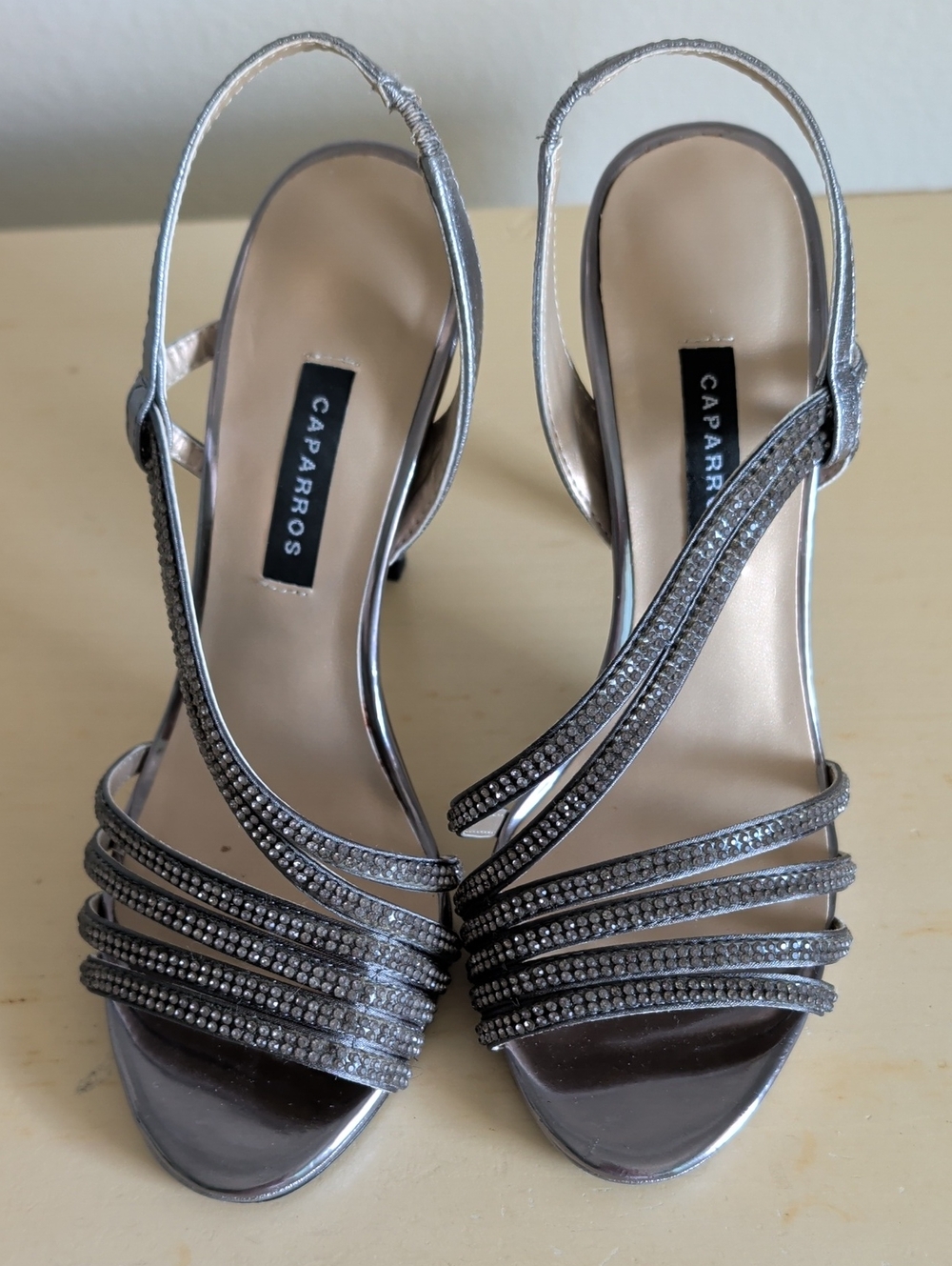 Caparros Metallic Silver Rhinestone Strap Slingback Heels
